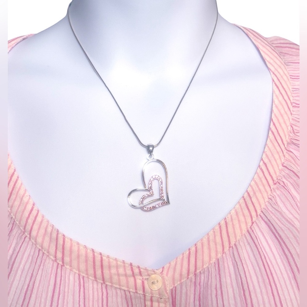 Silver Heart Pendant Necklace w/ Pink Crystal Accents | Romantic Gift